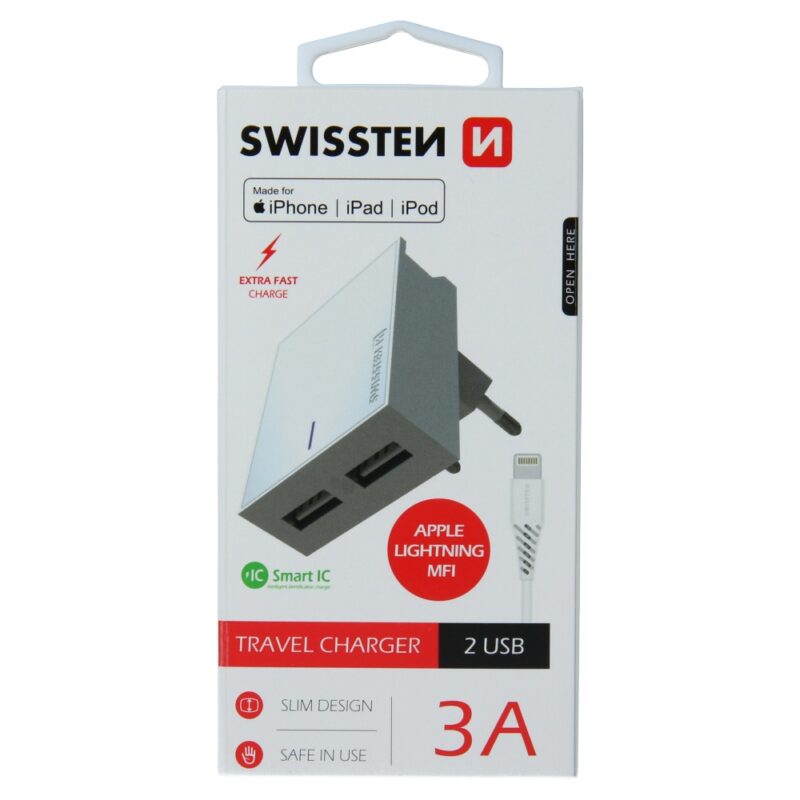 SWISSTEN TRAVEL CHARGER SMART IC WITH 2x USB 3A POWER + DATA CABLE USB / LIGHTNING MFi 1,2 M WHITE
