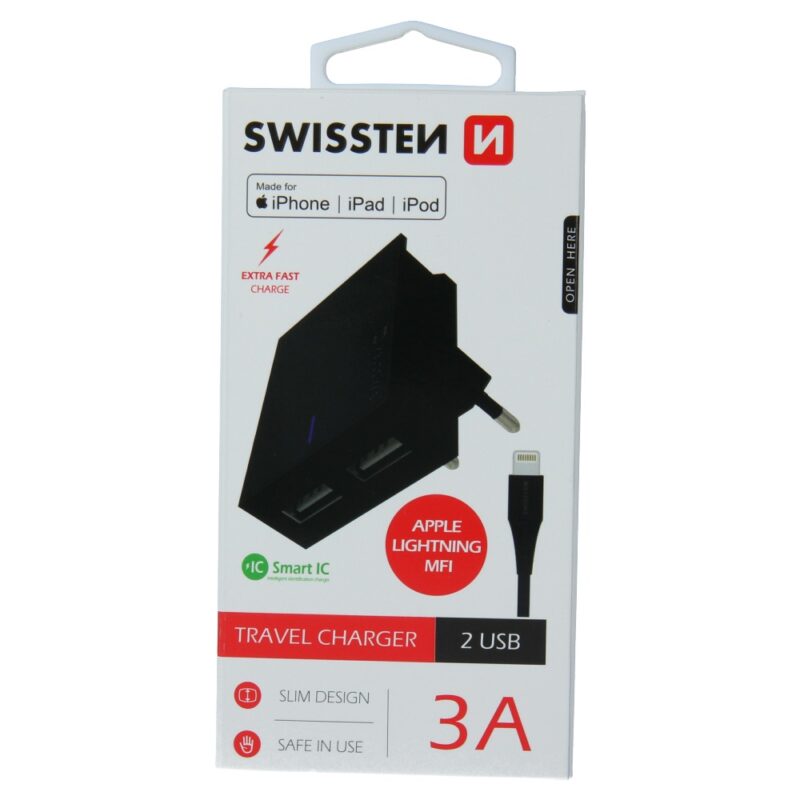 SWISSTEN TRAVEL CHARGER SMART IC WITH 2x USB 3A POWER + DATA CABLE USB / LIGHTNING MFi 1,2 M BLACK