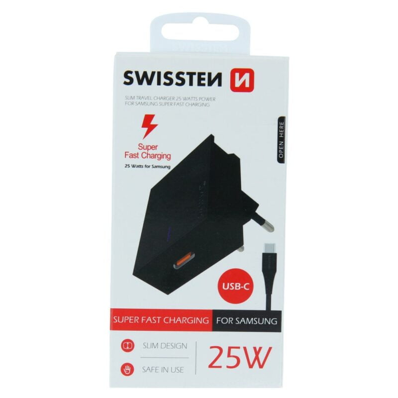 SWISSTEN TRAVEL CHARGER FOR SAMSUNG SUPER FAST CHARGING 25W + DATA CABLE USB-C/USB-C 1,2 M BLACK